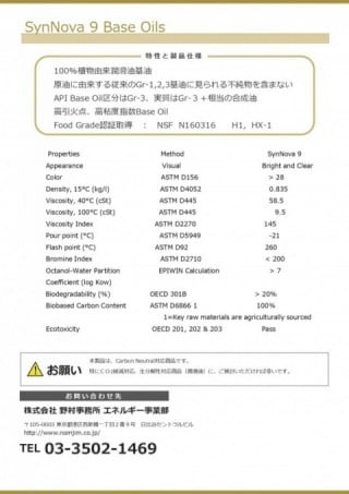 SynNova® 9 （BaseOils） ※Food Grade認証取得